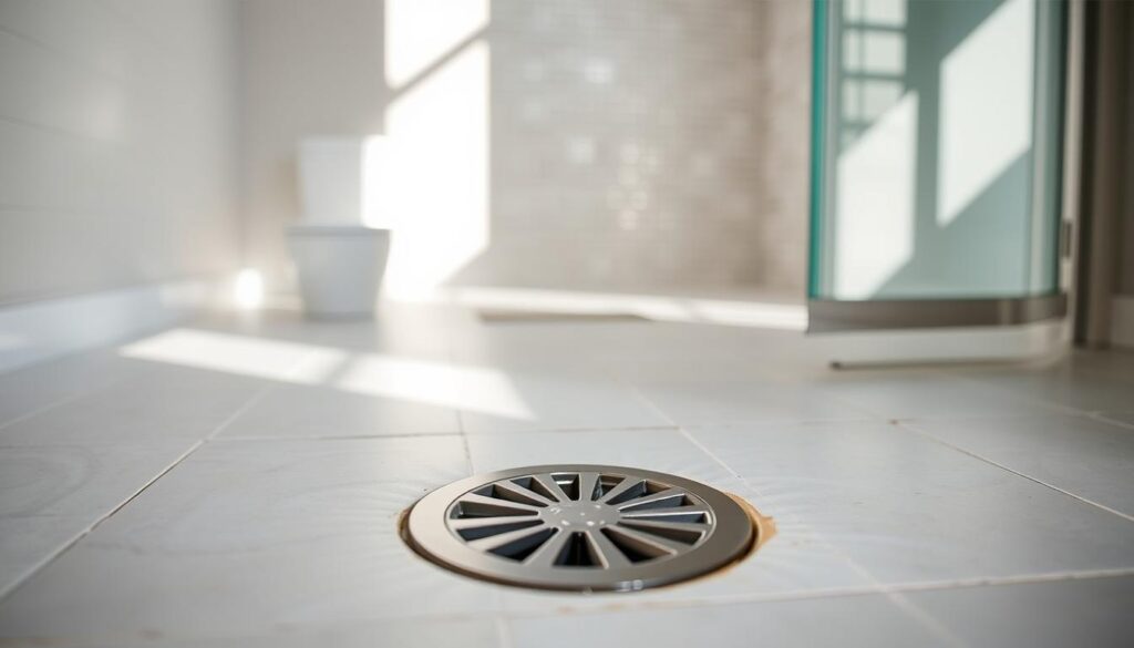A bright, well-lit bathroom interior with a focus on the shower area and tiled floor. In the foreground, a close-up view of the shower drain, surrounded by a meticulously installed waterproofing membrane, showcasing the intricate details of a professional-grade bathroom waterproofing system. The middle ground features a partially visible tiled wall, reflecting the care and attention given to the installation process. The background offers a glimpse of the bathroom's overall layout, creating a sense of depth and context. The lighting is natural and evenly distributed, highlighting the clean, modern aesthetic of the space. The overall mood is one of precision, functionality, and attention to detail, conveying the importance of proper waterproofing in creating a durable and long-lasting bathroom environment.