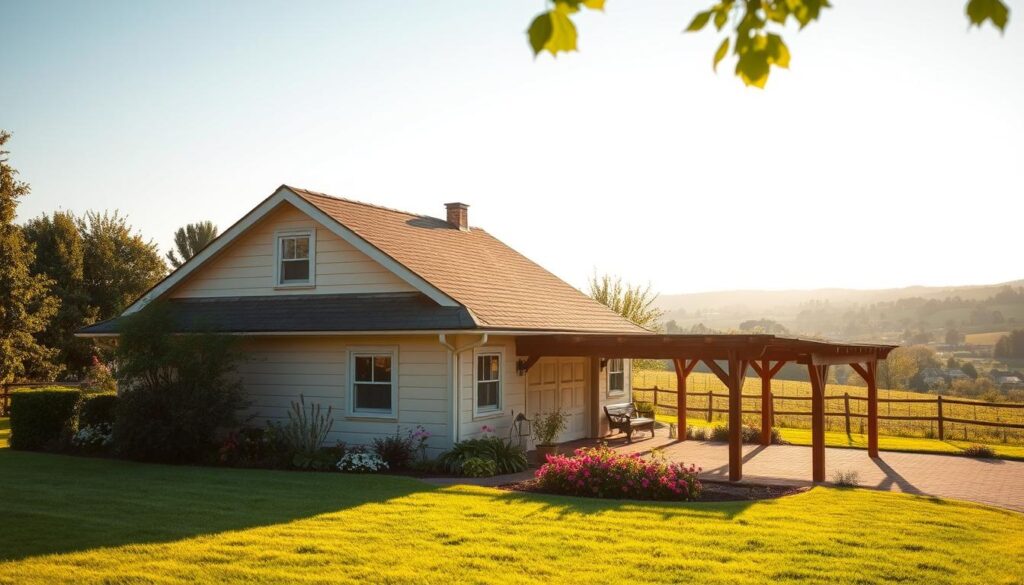 A cozy suburban home nestled within a lush garden, featuring a detached garage and a connected wooden carport or canopy. The garage has a classic, pitched roof design, blending seamlessly with the home's architectural style. The carport provides additional covered space for parking, storage, or outdoor living. Warm, natural lighting filters through the scene, creating a welcoming and tranquil atmosphere. The foreground showcases the well-manicured lawn and vibrant flower beds, while the background hints at a picturesque rural landscape, perhaps with rolling hills or distant trees. The overall composition evokes a sense of peaceful domesticity and harmonious integration between the built and natural environments.