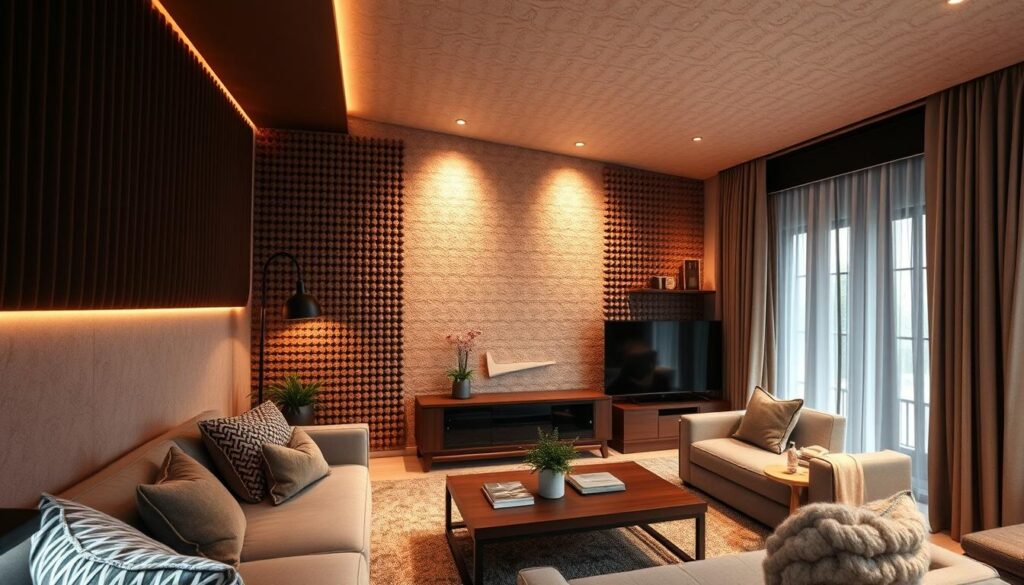 A cozy, well-insulated living room with sound-absorbing materials on the walls and ceiling. Soft ambient lighting casts a warm glow, highlighting the textured surfaces that dampen echoes and reverberations. Plush furniture invites relaxation, while strategically placed acoustic panels and draperies create a harmonious soundscape, ensuring a peaceful, comfortable home environment.
