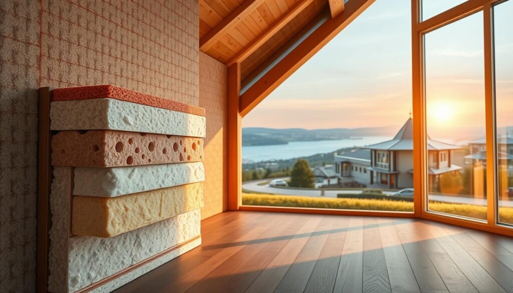 A cozy, well-insulated room with a warm, inviting atmosphere. The foreground features a cross-section of a wall, highlighting the intricate layers of thermal insulation materials like mineral wool, expanded polystyrene, and polyisocyanurate foam. The middle ground showcases the seamless integration of these insulation systems, demonstrating their effectiveness in maintaining a comfortable indoor temperature. The background depicts a panoramic view of a picturesque, energy-efficient building, bathed in soft, natural lighting that emphasizes the importance of thermal insulation in reducing energy consumption and environmental impact. The overall scene conveys a sense of comfort, efficiency, and sustainability, perfectly capturing the essence of the "Wprowadzenie do izolacji termicznej" section.