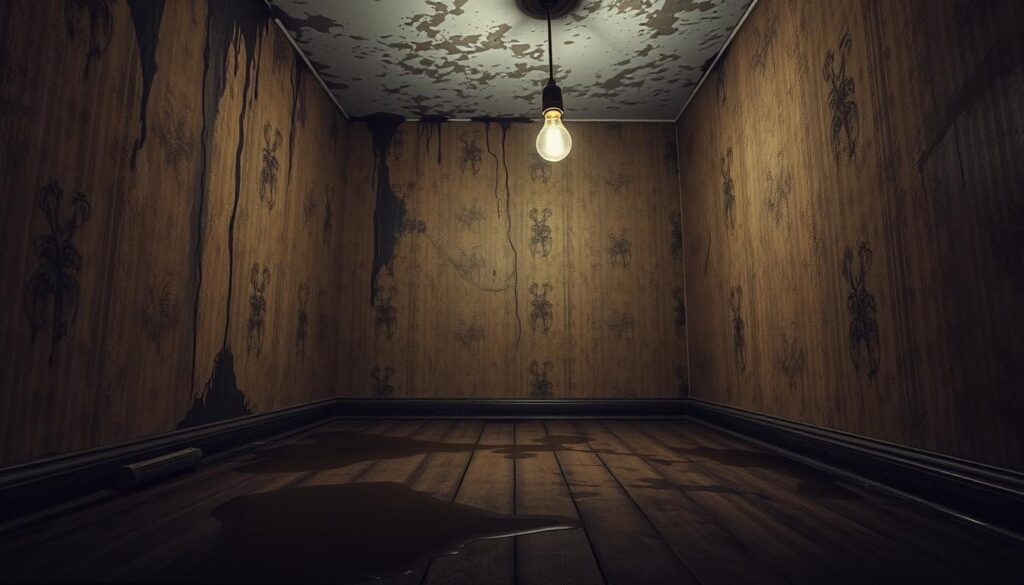 A damp, dimly lit room with peeling wallpaper and mold-stained corners. Water stains creep across the ceiling, casting eerie shadows. In the foreground, a warped wooden floorboard lifts, revealing a puddle of stagnant water. The air feels heavy, oppressive, with a musty scent lingering. A single, flickering light bulb casts an ominous glow, highlighting the pervasive problem of moisture infiltration. The scene evokes a sense of neglect and the urgent need to address the underlying causes of this persistent dampness issue.
