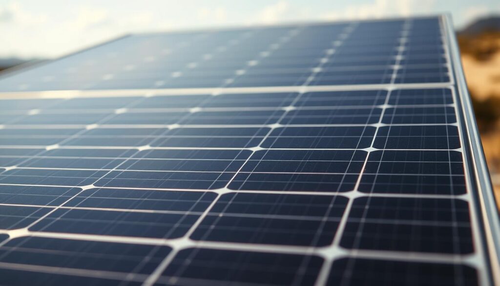 A detailed close-up view of a solar panel, capturing the intricate grid-like pattern of the photovoltaic cells. The panel is positioned against a bright, cloudless sky, with subtle shadows cast across its surface, highlighting the depth and dimensionality of the components. The lighting is natural and evenly distributed, creating a crisp, high-contrast image that emphasizes the technical and engineering aspects of the solar technology. In the background, a blurred, out-of-focus landscape suggests the broader context of renewable energy applications, while the focal point remains firmly on the solar panel itself, showcasing its key role in the photovoltaic system.