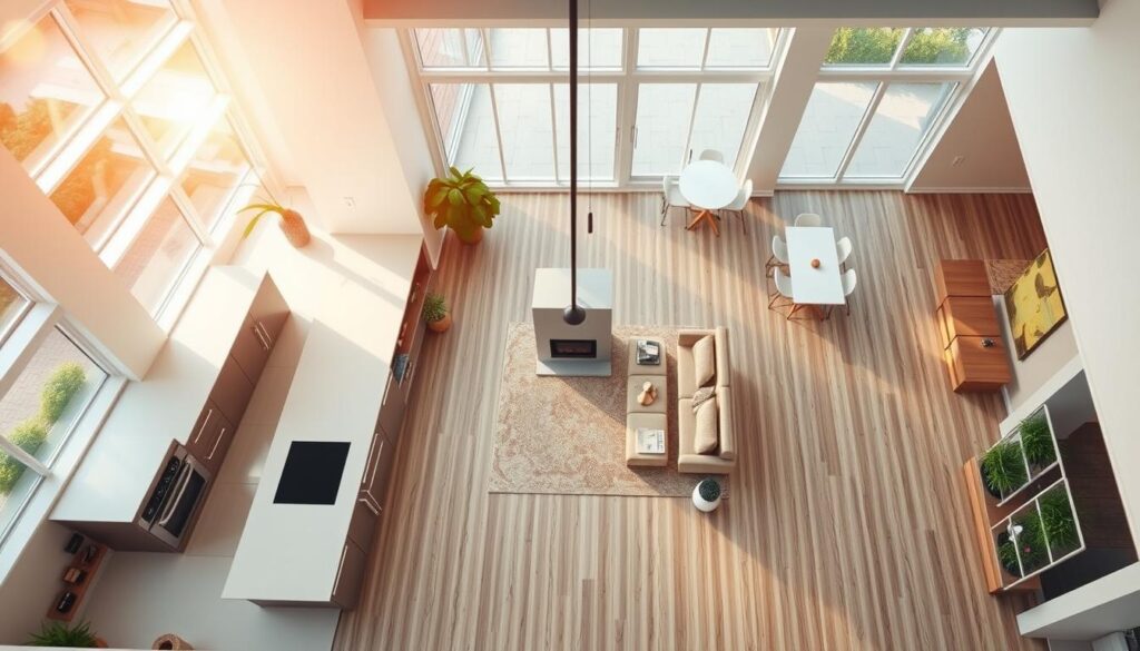 A functional and harmonious spatial layout, captured in a digital illustration. A bird's-eye view of an open-concept living space, bathed in warm, natural light filtering through large windows. The foreground features a well-organized, ergonomic kitchen with sleek, minimalist cabinetry and appliances. In the middle ground, a cozy conversation area with plush seating and a central fireplace creates an inviting atmosphere. The background showcases a seamless transition to a bright, airy dining space, emphasizing the flow and interconnectivity of the overall plan. The composition highlights the principles of efficient, practical spatial planning, conveying a sense of balance, comfort, and thoughtful design.