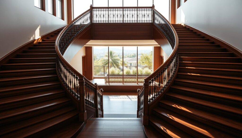 A grand staircase unfolds in the foreground, its elegant curves and intricate railings crafted from gleaming, dark-stained wood. Sunlight streams through large windows, casting a warm, inviting glow on the steps and creating subtle shadows that accentuate the architectural details. The middle ground features a minimalist, modern interior, with clean lines and a neutral color palette that allows the stairs to take center stage. In the background, a blurred cityscape or lush garden offers a serene, natural backdrop, hinting at the building's integration with its surroundings. The overall scene conveys a sense of timeless sophistication and functionality, reflecting the beauty and importance of stairs as both a practical and aesthetic element in architectural design.