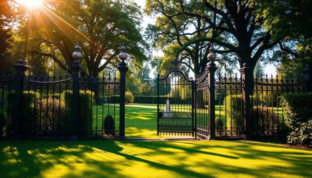 A lush, verdant garden scene with a prominent wrought-iron fence and an ornate, towering gateway in the center. The fence features intricate scrollwork and sturdy posts, casting delicate shadows across the well-manicured lawn. The gate, adorned with elegant finials and hinges, stands open, inviting the viewer to step into the serene landscape beyond. Warm, golden sunlight filters through the canopy of mature trees, casting a gentle glow over the scene. A sense of tranquility and sophistication pervades the image, reflecting the timeless beauty of traditional fencing and entryway designs.