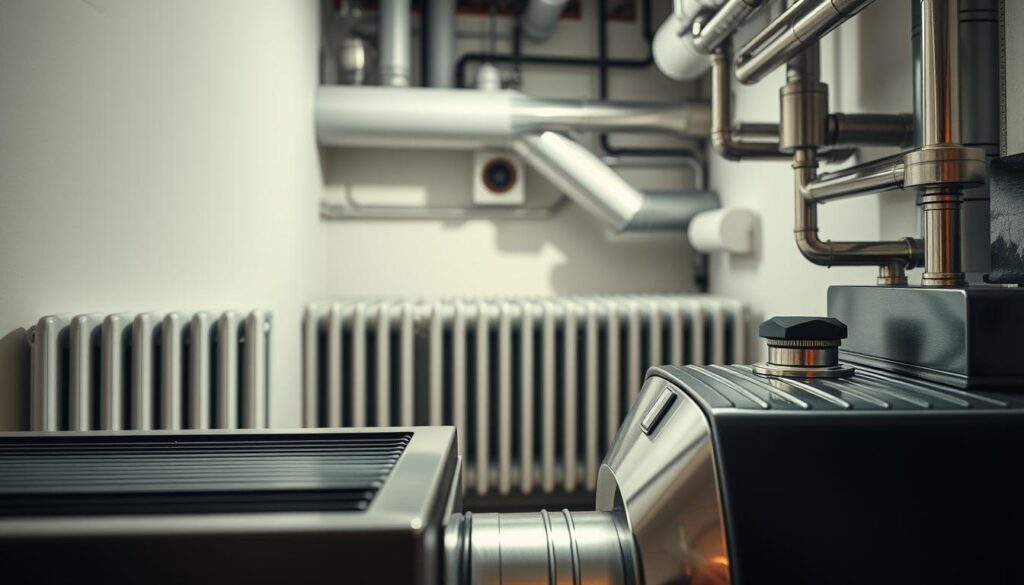 A meticulously detailed cross-section of a residential heating system, illuminated by soft, directional lighting. In the foreground, a gas-fired boiler, its gleaming metal exterior complemented by intricate pipework. In the middle ground, radiators of various sizes dot the scene, their fins casting subtle shadows. The background reveals a network of ducts and vents, hinting at the comprehensive air circulation system. The composition conveys a sense of technical precision and functional harmony, reflecting the inner workings of a well-designed heating infrastructure.