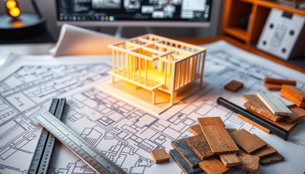 A modern architectural blueprint spread out on a drafting table, illuminated by warm task lighting. In the foreground, architectural tools and materials - a T-square, protractor, and samples of building materials like brick, wood, and steel. In the middle ground, a 3D model of a partially constructed building, its skeletal frame and exterior cladding visible. The background is blurred, hinting at a computer monitor displaying CAD software. The overall mood is one of precision, planning, and the careful consideration of construction techniques.