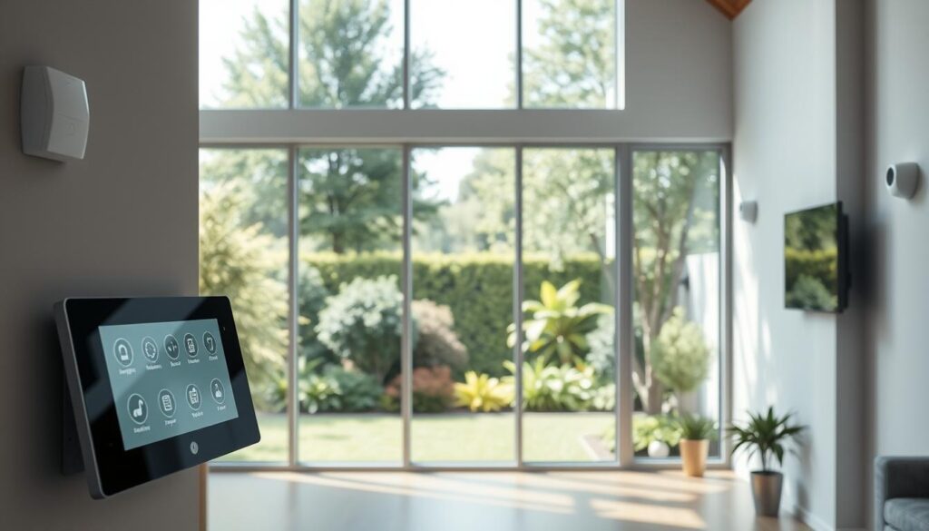 A modern, minimalist interior of an intelligent home showcasing its key features. In the foreground, a sleek control panel with intuitive touch interfaces for managing lighting, temperature, security, and entertainment systems. In the middle ground, large windows overlooking a lush, well-manicured garden, flooding the space with natural light. The background features subtle home automation devices, seamlessly integrated into the architecture. The overall atmosphere is one of sophistication, efficiency, and comfort, reflecting the harmony between technology and the domestic environment.