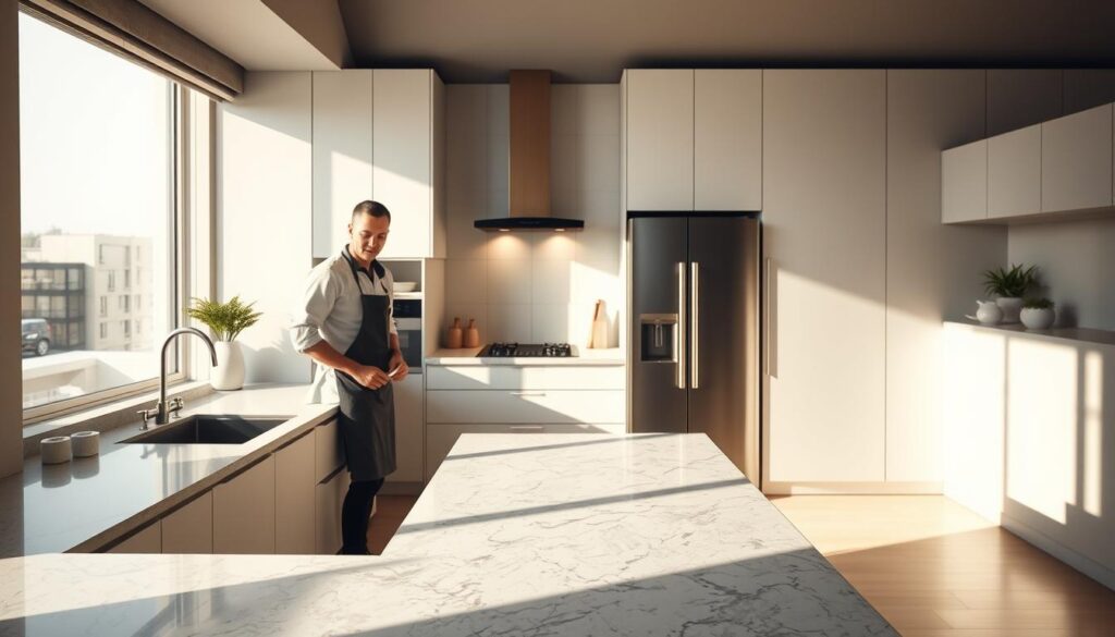 A modern, well-designed kitchen interior with a focus on ergonomics. In the foreground, a chef standing at a sleek, granite countertop, effortlessly preparing a meal. Soft, directional lighting illuminates the scene, casting warm shadows and highlighting the high-quality materials. In the middle ground, the kitchen's ergonomic layout is evident, with a thoughtfully arranged triangle of key workstations - the sink, stove, and refrigerator - all within easy reach. The background showcases a minimalist, streamlined design, with clean lines and neutral tones that create a calming, efficient atmosphere. The overall scene conveys the importance of ergonomics in kitchen design, enabling the chef to work comfortably and productively.
