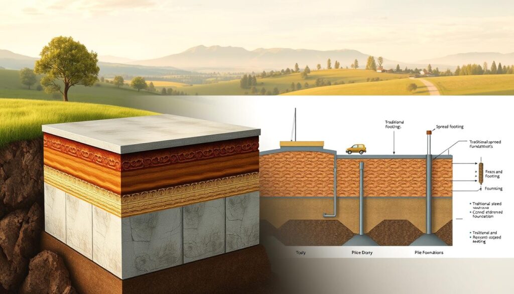 A serene and informative illustration of the fundamentals of foundations. In the foreground, a detailed cross-section of a sturdy concrete foundation, its layers and components meticulously depicted. The middle ground showcases various foundation types, from traditional spread footings to modern pile foundations, all rendered in realistic detail. The background depicts a picturesque landscape, providing context and a sense of scale, with a warm, natural lighting illuminating the scene. The overall composition conveys a sense of depth, technical knowledge, and a deep understanding of the topic, making it an ideal visual accompaniment to the article's "Introduction to Foundations" section.