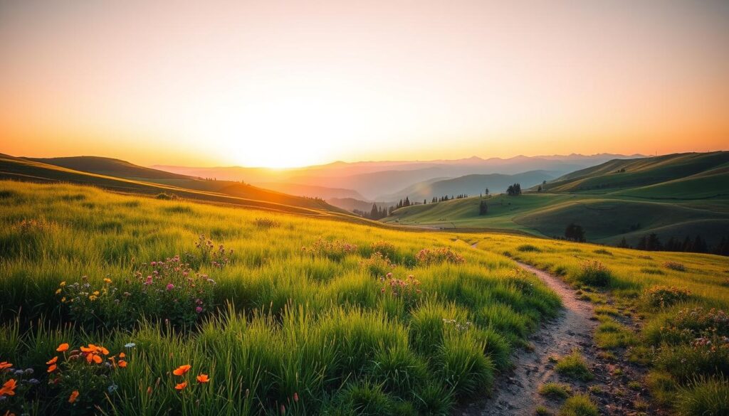 A serene meadow with lush green grass and vibrant wildflowers in the foreground, rolling hills in the middle ground, and a distant mountain range under a warm, golden sunset sky. A dirt path meanders through the scene, inviting the viewer to explore the natural landscape. The lighting is soft and diffused, creating a peaceful, tranquil atmosphere. The image conveys a sense of tranquility and the beauty of the natural world, setting the stage for the viewer to consider the important decision of choosing the perfect plot of land.