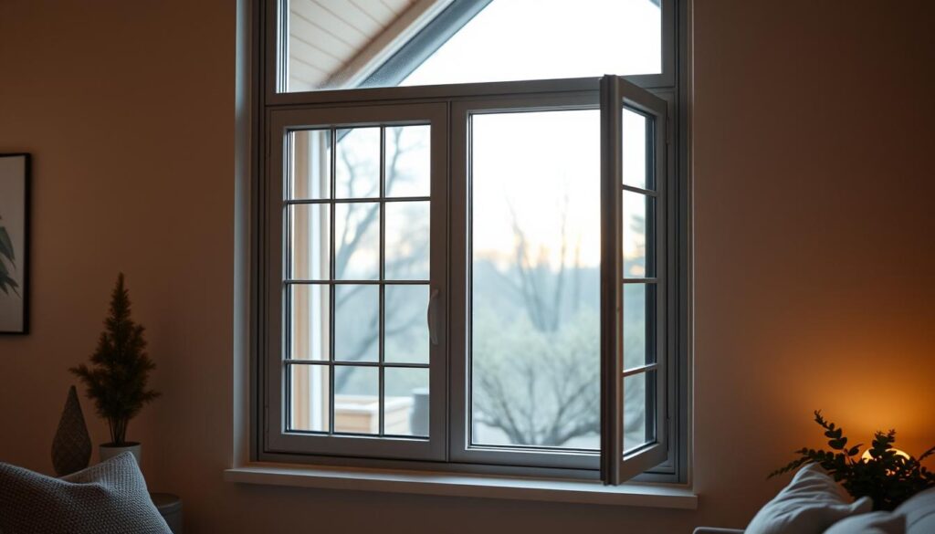 A sleek, energy-efficient window with a modern, minimalist design. The frame is made of high-quality, thermally insulated materials, ensuring optimal heat retention and reduced energy consumption. The glass panes are double-glazed, with a low-emissivity coating that reflects heat while allowing natural light to flood the interior. The window is set against a backdrop of a cozy, inviting living room, with warm lighting and a sense of comfort and efficiency. The composition captures the intersection of form and function, highlighting the importance of sustainable, cost-saving solutions for the home.