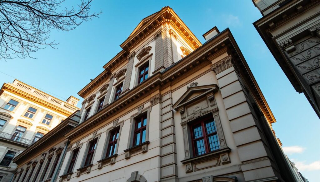 A stately building with intricate architectural details stands proudly, its elegant facade illuminated by warm, natural light. The foreground features an array of decorative moldings, ornate cornices, and carefully crafted window frames that draw the eye upward. In the middle ground, the building's distinct textured surfaces, such as smooth plaster or rustic stone, add depth and character. The background depicts a picturesque urban setting, with complementary structures and a clear, blue sky overhead, creating a harmonious and visually striking composition. This image captures the essence of the architectural subject, "wprowadzenie do elewacji," conveying a sense of timeless sophistication and the craftsmanship that defines the art of facade design.