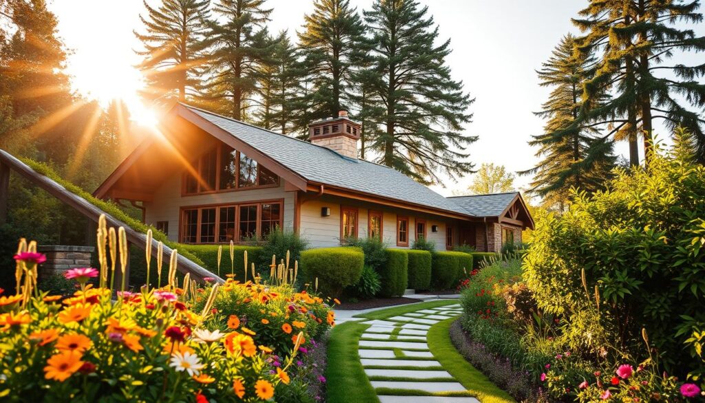 A sun-drenched house nestled amid lush greenery, its orientation carefully aligned with the cardinal directions. The front facade faces south, bathed in warm, golden light that filters through large windows. The angled roof and strategically placed overhangs create a harmonious balance between functionality and aesthetics, optimizing the home's energy efficiency. In the foreground, a well-manicured garden bursts with vibrant flowers, their colors complementing the earthy tones of the building's exterior. The middle ground features a tranquil pathway leading to the home's entrance, inviting visitors to explore the carefully considered design. Towering trees in the background provide a serene backdrop, emphasizing the home's integration with its natural surroundings and the significance of its orientation.