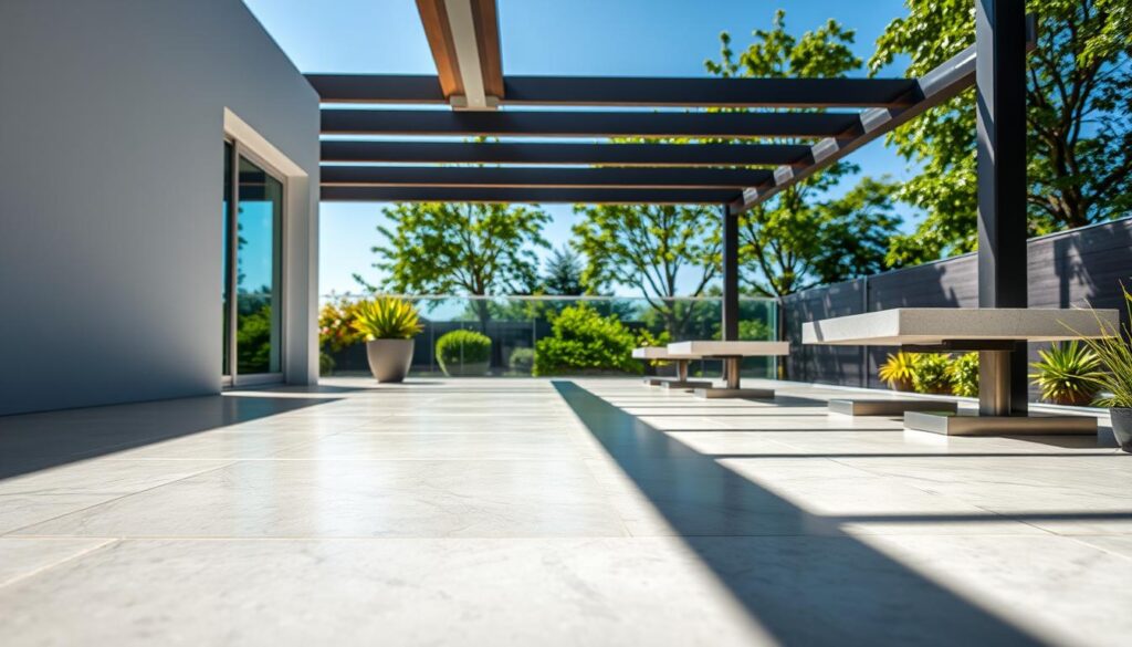 A sun-drenched terrace with a modern, sleek balcony overlooking a lush, verdant garden. The foreground features a detailed close-up of the meticulously installed waterproofing membrane, its seamless, glossy surface reflecting the light. In the middle ground, high-quality porcelain tiles are raised on adjustable pedestals, creating a stylish and functional outdoor living space. The background showcases verdant foliage and a clear, azure sky, conveying a sense of tranquility and relaxation. Crisp, directional lighting accentuates the textures and materials, while a wide-angle lens captures the entire scene in sharp focus.