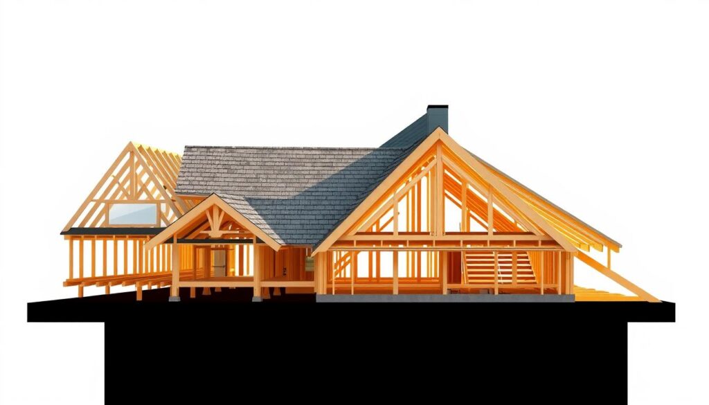 A well-lit, cross-sectional architectural illustration of a variety of residential roof structures, showcasing different construction techniques and materials. The scene depicts a detailed overview of roofing elements, including trusses, beams, joists, and shingles, to provide a comprehensive understanding of roof framework. The image has a technical, engineering-focused aesthetic, with clean lines, precise geometry, and a neutral color palette to emphasize the structural components. The composition offers a balanced, informative perspective that allows the viewer to clearly examine the intricate details of residential roof construction.