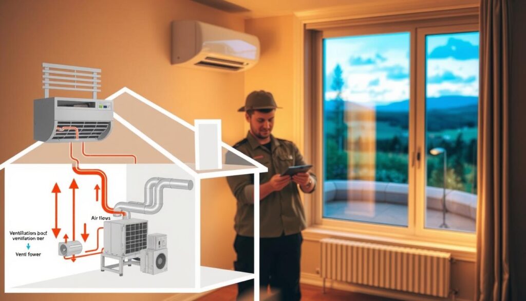 A well-lit interior scene, showcasing the fundamentals of ventilation. In the foreground, a cutaway diagram of a house's ventilation system, with airflow arrows and labeled components like air vents, ducts, and an air conditioning unit. In the middle ground, a technician in a uniform inspecting the system, their face partially obscured. In the background, a window revealing a scenic outdoor landscape, subtly suggesting the connection between indoor and outdoor airflow. The lighting is warm and inviting, creating a sense of educational clarity. The overall atmosphere conveys a balanced, informative, and slightly technical mood, suitable for an article on ventilation.