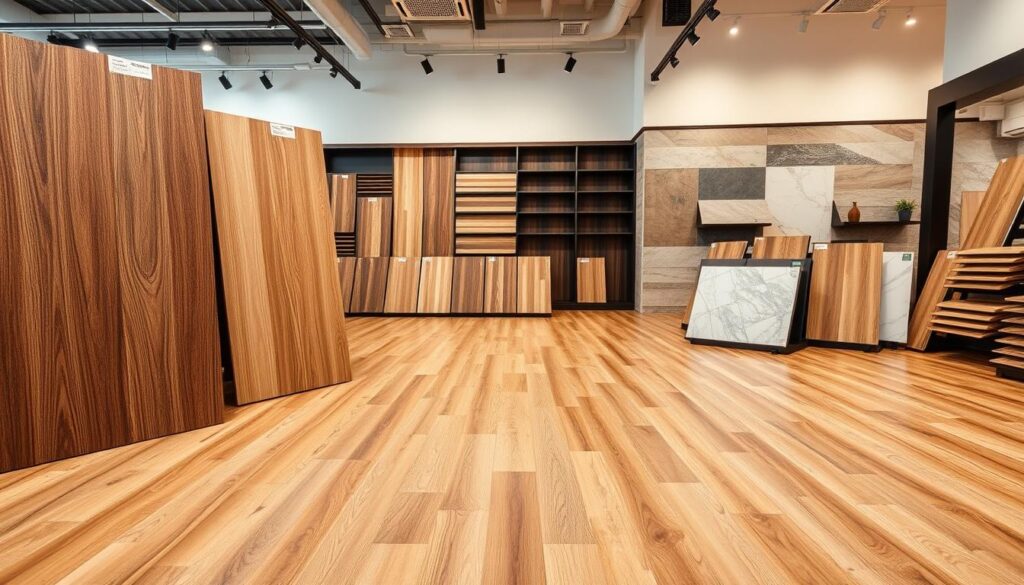 A well-lit showroom showcasing a diverse array of high-quality flooring options. In the foreground, sleek wood paneling in various hues and grains stands prominently, inviting the viewer to imagine its installation. Transitioning to the middle ground, an assortment of hardwood planks and engineered boards in warm, natural tones lays artfully arranged. The background features a range of ceramic and porcelain tiles, their surfaces reflecting the lighting to create a polished, contemporary ambiance. The overall scene conveys a sense of refinement and design versatility, allowing the viewer to envision the different flooring materials in their own living or commercial spaces.
