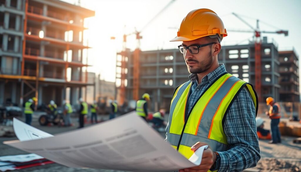 A construction site bathed in warm, natural lighting. In the foreground, a worker in a high-visibility vest and hard hat carefully examining a set of blueprints, conveying attention to detail and safety protocols. In the middle ground, a group of workers in personal protective equipment (PPE) engage in various construction tasks, such as operating power tools and securing scaffolding. The background features a partially constructed building, with cranes and heavy machinery visible, suggesting the scale and complexity of the project. The overall scene emanates a sense of organized, well-managed safety practices on a bustling construction site.