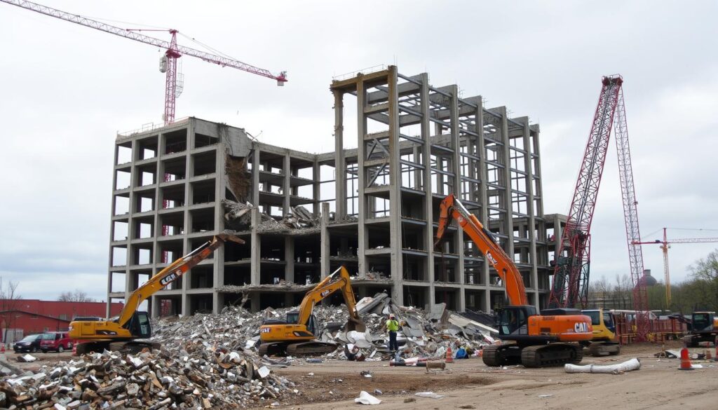 A construction site with excavators and demolition crews systematically dismantling a multi-story building. The foreground depicts workers using jackhammers, cranes, and other heavy machinery to break apart the concrete walls and steel framework. The middle ground shows piles of rubble and debris scattered across the site. In the background, the skeletal remains of the building stand in contrast against a cloudy, overcast sky, hinting at the scale and complexity of the demolition project. The atmosphere conveys a sense of controlled chaos, with the workers efficiently carrying out the necessary demolition procedures. Realistic lighting and camera angles capture the gritty, industrial nature of the scene.