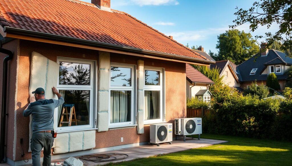 A cozy home undergoing a comprehensive energy efficiency upgrade, with thermal insulation being applied to the exterior walls. The foreground features a worker carefully installing rigid foam panels, while the middle ground showcases newly installed windows and a modern heat pump system. The background depicts a picturesque suburban neighborhood, with lush greenery and a clear blue sky, conveying a sense of environmental responsibility and sustainable living. The scene is illuminated by warm, natural lighting, creating a harmonious and inviting atmosphere that reflects the transformative process of "termomodernizacja".