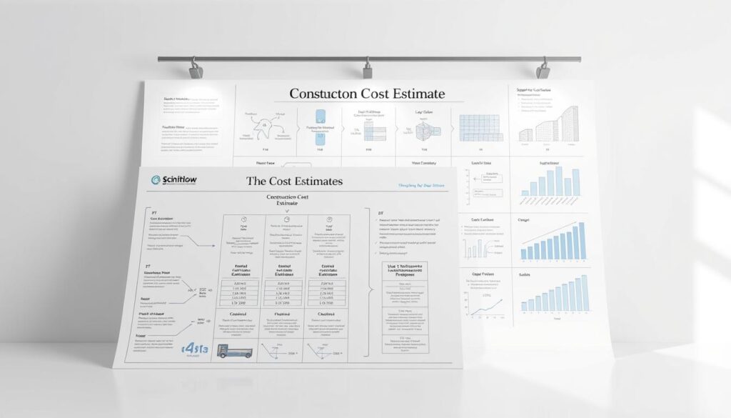 A detailed schematic illustration depicting the definition of a construction cost estimate, showcased against a clean, minimalist backdrop. The foreground should feature a technical diagram outlining the key components and structure of a cost estimate, presented with technical precision and clarity. The middle ground could include various financial calculations, charts, and data visualizations relevant to the budgeting and cost control process. The background should convey a sense of organization and professionalism, perhaps with subtle architectural or engineering elements to reinforce the context. Lighting should be soft and neutral, with a focus on highlighting the informative nature of the content. The overall mood should be authoritative, informative, and visually engaging, to effectively convey the meaning of a construction cost estimate.