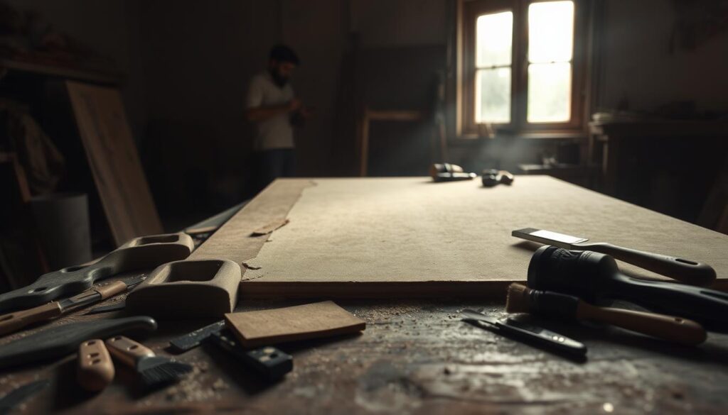 A dimly lit workshop with an assortment of tools and materials scattered across a worn, weathered workbench. In the foreground, an array of putty knives, sandpaper, and brushes stand ready for the task of preparing the surface. The middle ground features a partially sanded drywall panel, revealing the textured layers beneath. In the background, a faint silhouette of a skilled craftsman, focused on the intricate work of smoothing and priming the substrate. Natural light filters in through a dusty window, casting a soft, muted glow over the scene, conveying a sense of concentration and quiet diligence. The overall atmosphere evokes the thoughtful preparation required for a flawless finish.