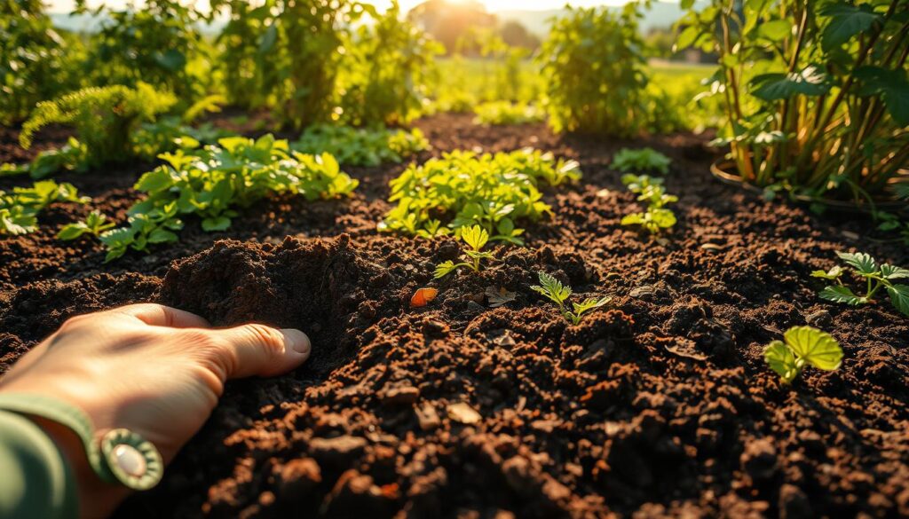 A lush, verdant garden, its soil a rich, dark tapestry, teeming with life. In the foreground, a gardener's hand gently parts the earth, revealing the intricate web of roots and microorganisms that sustain the vibrant plant life. Sunlight filters through the canopy, casting a warm, golden glow that highlights the soil's vital role in nourishing the garden's inhabitants. In the middle ground, thriving plants and vegetables illustrate the symbiotic relationship between soil and growth, while the distant horizon suggests the expansive importance of this fundamental resource. A close, atmospheric shot that emphasizes the key, life-giving nature of the soil.