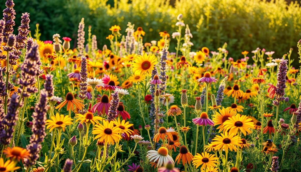 A lush, vibrant garden filled with an abundance of nectar-rich flowers, bathed in warm, golden sunlight. In the foreground, a variety of colorful blooms - from fragrant lavender and cheerful sunflowers to delicate wildflowers - sway gently in a soft breeze. The middle ground showcases a diverse array of pollinator-friendly plants, each with unique shapes, textures, and hues that attract a buzzing symphony of bees, butterflies, and other beneficial insects. The background frames the scene with a verdant, verdant backdrop, hinting at the larger ecological tapestry that these plants help sustain. The overall composition conveys a sense of harmony, productivity, and the vital role these plants play in supporting a thriving, pollinator-friendly garden.