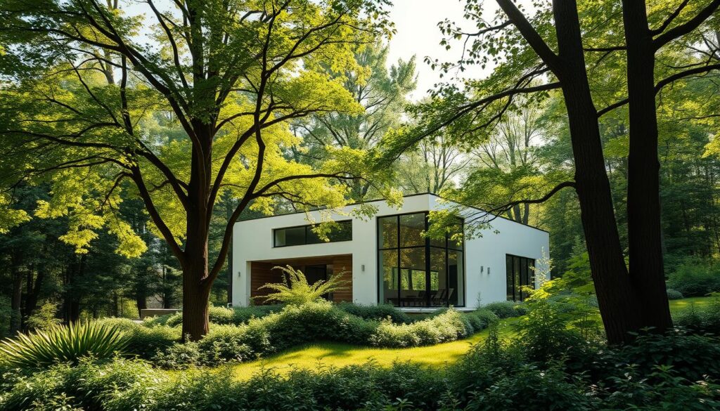 A modern, energy-efficient passive house nestled in a serene, natural landscape. The building features clean, minimalist architecture with large windows that draw in abundant natural light. A lush, verdant garden surrounds the house, with towering trees and vibrant foliage creating a tranquil, secluded atmosphere. Soft, diffused sunlight filters through the trees, casting gentle shadows across the sleek, minimalist facade. The house is positioned to maximize passive solar gain, with strategic window placement and efficient insulation to minimize energy consumption. The overall scene conveys a sense of sustainability, comfort, and harmony with the environment.