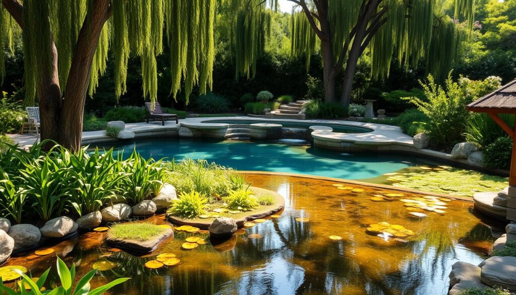 A serene, naturalistic backyard scene featuring a tranquil water garden and a biobased swimming pool. In the foreground, a gently curving pond with a meandering stream, its surface reflecting the surrounding greenery. Lush aquatic plants line the edges, creating a vibrant, biodiverse habitat. In the middle ground, an organically-shaped biobased pool blends seamlessly with the landscape, its clear water glistening under warm, soft lighting. Tall, graceful trees frame the scene, casting dappled shadows that dance across the water. The overall atmosphere is one of peaceful coexistence, where nature and human elements harmonize to create a restorative, eco-friendly outdoor oasis.