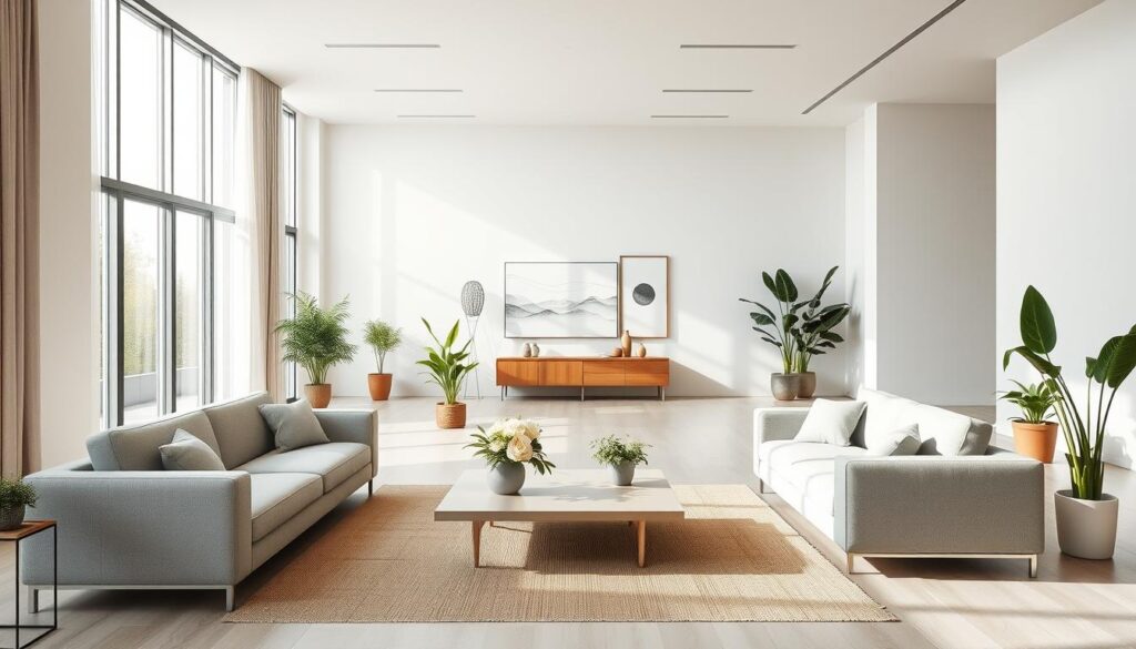 A spacious, minimalist interior with an emphasis on efficient spatial planning. A well-organized living area with clean lines, natural lighting, and a harmonious balance of furniture and decor. In the foreground, a modern, modular sofa arrangement allows for versatile seating configurations. The middle ground features a sleek, low-profile coffee table and potted plants, creating a sense of natural tranquility. The background showcases large windows that flood the room with soft, diffused daylight, complemented by subtle wall accents that add visual interest without cluttering the space. The overall mood is one of simplicity, functionality, and a thoughtful approach to organizing a living environment.