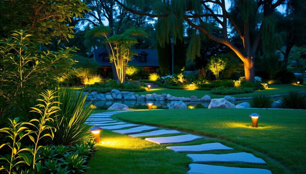 A tranquil garden scene at dusk, with lush greenery and a serene pond. In the foreground, a tasteful path of stepping stones leads the eye inward. Soft, warm lighting emanates from discreet ground-level fixtures, casting a gentle glow and creating a cozy, inviting atmosphere. The middle ground features an array of carefully placed outdoor lighting solutions, from subtle path markers to accent lights highlighting architectural elements and specimen plants. The background is framed by towering trees, their branches gently swaying in a light breeze. The overall mood is one of relaxation and harmony, showcasing the thoughtful integration of lighting into a natural, serene outdoor environment.
