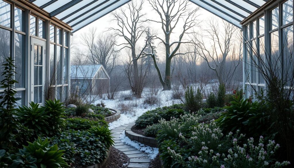 A tranquil winter garden nestled within a cozy greenhouse, illuminated by the soft glow of natural light filtering through its glass panes. The foreground showcases a meticulously tended array of lush, verdant plants and delicate flowers, their vibrant hues contrasting against the muted tones of the surrounding landscape. In the middle ground, a winding path leads deeper into the serene oasis, inviting visitors to explore the wonder of this protected botanical haven. The background features the graceful silhouettes of towering trees, their bare branches reaching skyward, creating a striking visual against the backdrop of a snow-dusted winter sky. The overall atmosphere evokes a sense of peaceful solitude, a sanctuary where the harshness of the outdoor elements is tempered by the warmth and tranquility of the carefully curated indoor garden.