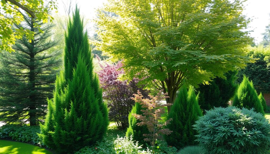 A verdant and lush garden setting, featuring a variety of ornamental trees and shrubs in the foreground and middle ground. The trees display a range of shapes, sizes, and vibrant foliage colors, including towering deciduous specimens and graceful evergreens. Dappled sunlight filters through the canopy, casting warm, natural illumination and creating interesting shadows on the ground. The background is blurred, suggesting a sense of depth and focus on the central botanical elements. The overall atmosphere is one of tranquility, natural beauty, and an invitation to explore the diverse world of ornamental trees and shrubs.