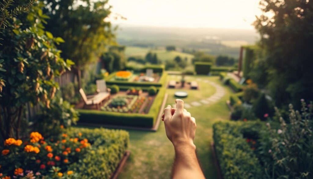 A verdant garden oasis comes into view, its lush greenery punctuated by vibrant flowers and neatly trimmed hedges. In the foreground, a person stands, hand on chin, contemplating the layout and design possibilities. The middle ground reveals a mix of distinct functional zones - a tranquil seating area, a vegetable patch, and a meandering path inviting exploration. The background showcases a picturesque landscape, perhaps rolling hills or a serene pond, setting the stage for this contemplative garden planning moment. Warm, diffused lighting casts a golden glow, evoking a sense of calm and inspiration. The overall scene conveys the exciting potential of transforming a bare plot into a personalized, harmonious outdoor haven.