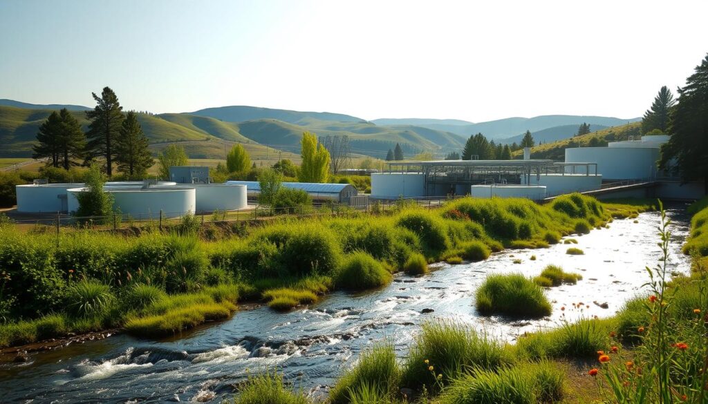 A verdant landscape with a gently flowing stream, its waters glistening under the warm, diffused sunlight. In the foreground, a modern wastewater treatment plant stands, its sleek, angular design blending seamlessly with the natural surroundings. The plant's various structures and tanks are visible, showcasing the intricate processes of water purification, from mechanical filtration to biological treatment. The middle ground features lush vegetation, with towering trees and vibrant wildflowers, hinting at the plant's eco-friendly approach to water management. The background depicts rolling hills and a cloudless sky, conveying a sense of harmony and balance between the natural and the industrial.