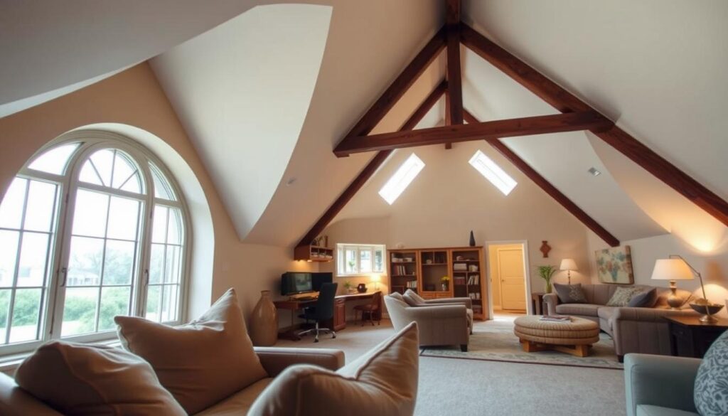 A warm, inviting attic space filled with natural light, showcasing the benefits of attic conversion. The foreground features a cozy reading nook with plush seating and a large, arched window providing a picturesque view of the outdoors. The middle ground depicts a well-organized home office area, highlighting the versatility of the adapted attic. In the background, a spacious, open-concept living area with vaulted ceilings and exposed beams creates a sense of warmth and comfort. The lighting is soft and diffused, creating a welcoming atmosphere. The overall scene conveys the increased living space, improved energy efficiency, and enhanced livability that can be achieved through an attic adaptation.
