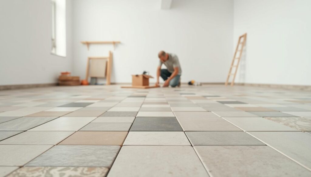 A well-lit, spacious tiled floor with a selection of ceramic tiles in various shapes, sizes, and textures arranged neatly in the foreground. In the middle ground, a skilled worker carefully laying the tiles, their hands and tools visible. The background features a clean, minimalist workspace with basic tools and materials, conveying a sense of organized professionalism. The overall scene radiates a serene, focused atmosphere, highlighting the meticulous process of tile installation.