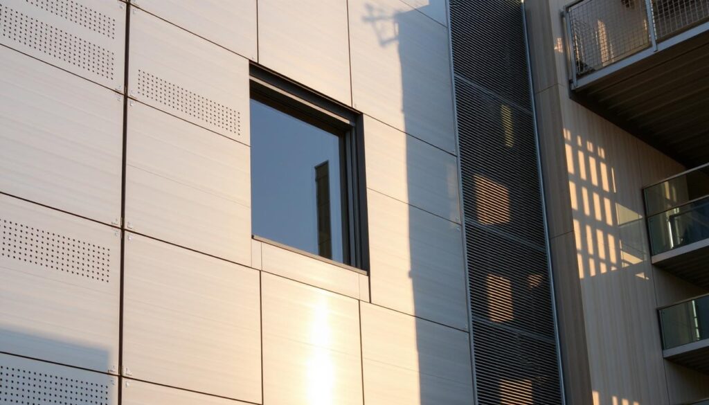 A well-ventilated facade, bathed in warm afternoon light, showcases an intricate interplay of materials and textures. In the foreground, sleek metal panels with perforated patterns allow for efficient airflow, creating a harmonious rhythm across the building's surface. The middle ground features a mixture of glazed elements and insulated cladding, strategically positioned to maximize natural ventilation and thermal regulation. In the background, a subtle play of shadows and highlights accentuates the architectural details, evoking a sense of depth and dimensionality. The overall composition conveys a modern, energy-efficient aesthetic that seamlessly integrates form and function.