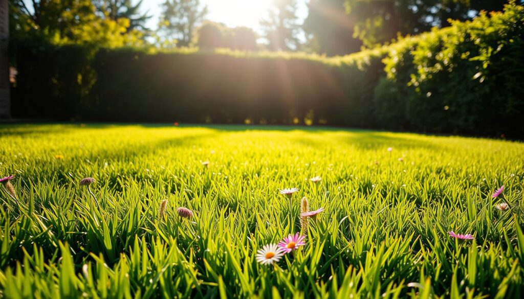 An idyllic, sun-dappled backyard with a lush, verdant lawn as the focal point. The grass appears soft and inviting, its blades gently swaying in a light breeze. Scattered throughout the lawn are vibrant wildflowers, adding pops of color and texture. In the background, a well-manicured hedge frames the scene, creating a sense of depth and enclosure. The lighting is warm and natural, casting long shadows and highlighting the rich, healthy hue of the grass. The overall atmosphere is one of tranquility and the simple pleasures of a well-maintained outdoor space.