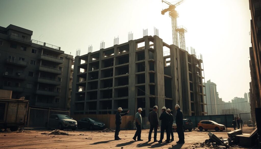 Introduce the topic of unauthorized construction with a dramatic, cinematic scene. Set the image in a urban environment, with a dilapidated, half-finished building as the focal point. Depict the building in harsh, contrasting lighting, casting long shadows that convey a sense of unease and lawlessness. In the foreground, show a group of construction workers huddled in discussion, their body language suggesting a secretive, illicit undertaking. In the background, include hints of a bustling city skyline, suggesting the larger context of the issue. Use a slightly low camera angle to create a sense of scale and imply the towering presence of the unfinished structure. Overall, aim to craft an image that captures the essence of the section title, "Wprowadzenie do tematu samowoli budowlanej," in a visually compelling and thought-provoking way.