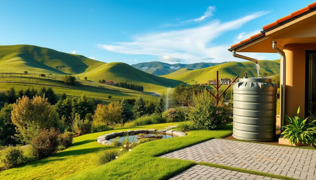 Lush green landscape with rolling hills and a clear blue sky. In the foreground, a modern residential home with a well-designed rain harvesting system, featuring downspouts leading into a sleek, rectangular rainwater storage tank. Nearby, a permeable paved driveway allows rainwater to seep into the ground. In the middle ground, a well-manicured garden showcases diverse flora and a small pond fed by the harvested rainwater. The scene is bathed in soft, warm lighting, evoking a sense of sustainability and harmony between nature and human habitation.