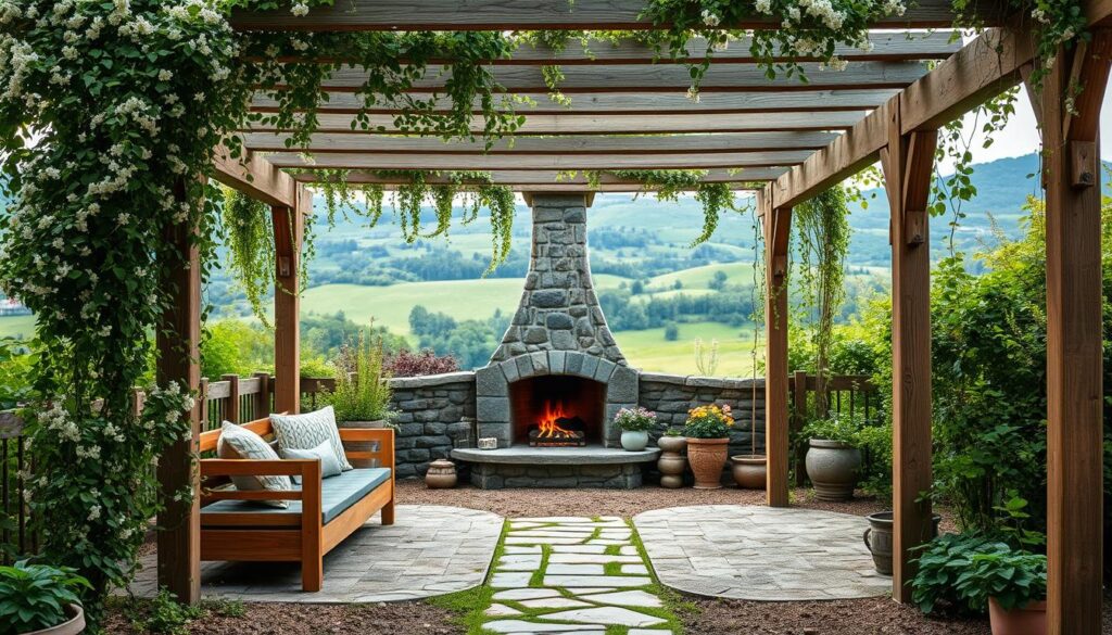 Mała architektura: a serene garden scene with a wooden pergola, delicate climbing vines, and a cozy seating area. The pergola casts a warm, soft light, creating an inviting ambiance. In the middle ground, a stone path leads to a charming stone fireplace, its flickering flames casting a gentle glow. The background features a lush, verdant landscape with a hint of rolling hills. The overall composition evokes a sense of tranquility and a harmonious blending of natural and man-made elements.